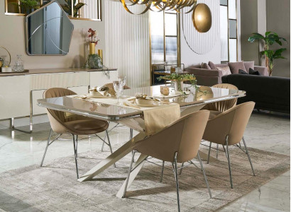 Modern dining set, wooden dining table, dining nook, beige dining room, 7-piece chairs